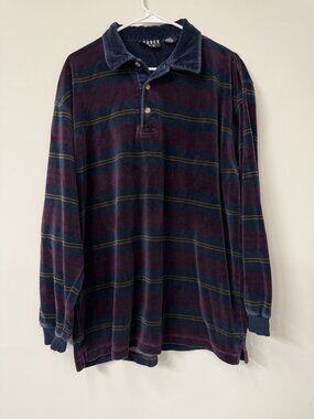 Vtg Velour Polo Shirt Men’s Large Trader Bay Striped Horizontal Long Sleeve Blue
